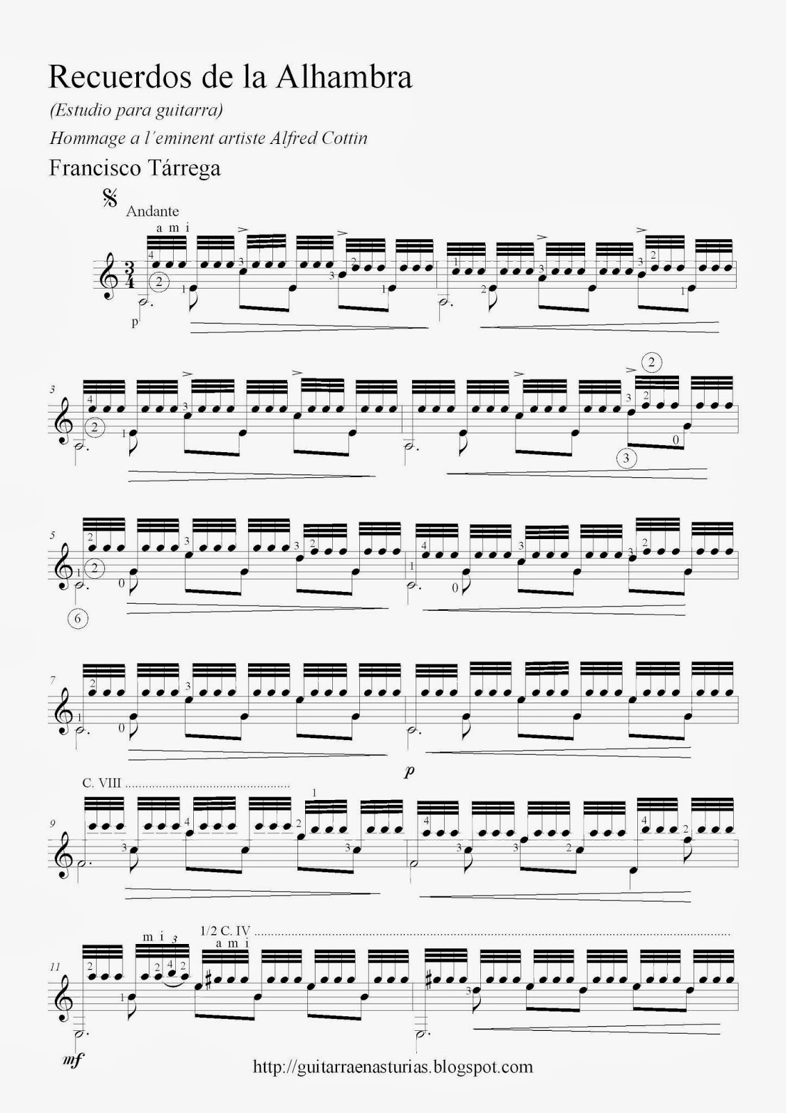 Partituras de guitarra: F. Tárrega. Recuerdos de la Alhambra