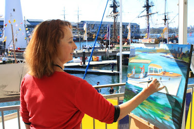 plein air oil painting of wooden boat by artist Jane Bennett at 2012 Classic and Wooden Boat Festival at Australian National Maritime Museum