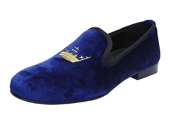 Blue Velvet Designer Slip-On Shoe with Golden Crown Embroidery Design ...