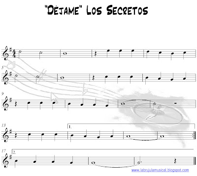 Déjame de los Secretos.Partitura para flauta dulce. La Brújula Musical. Recorder sheet music