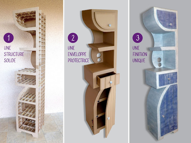 étapes de création d'un meuble en carton recyclé, structure solide, protégé et imperméable grâce au papier kraft, et à la finition (peinture et vernis)