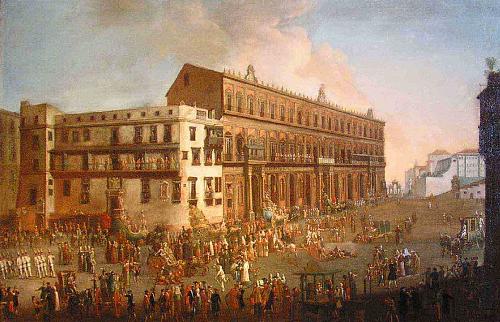 Royal Palace of Naples - ancient painting with view on the palace