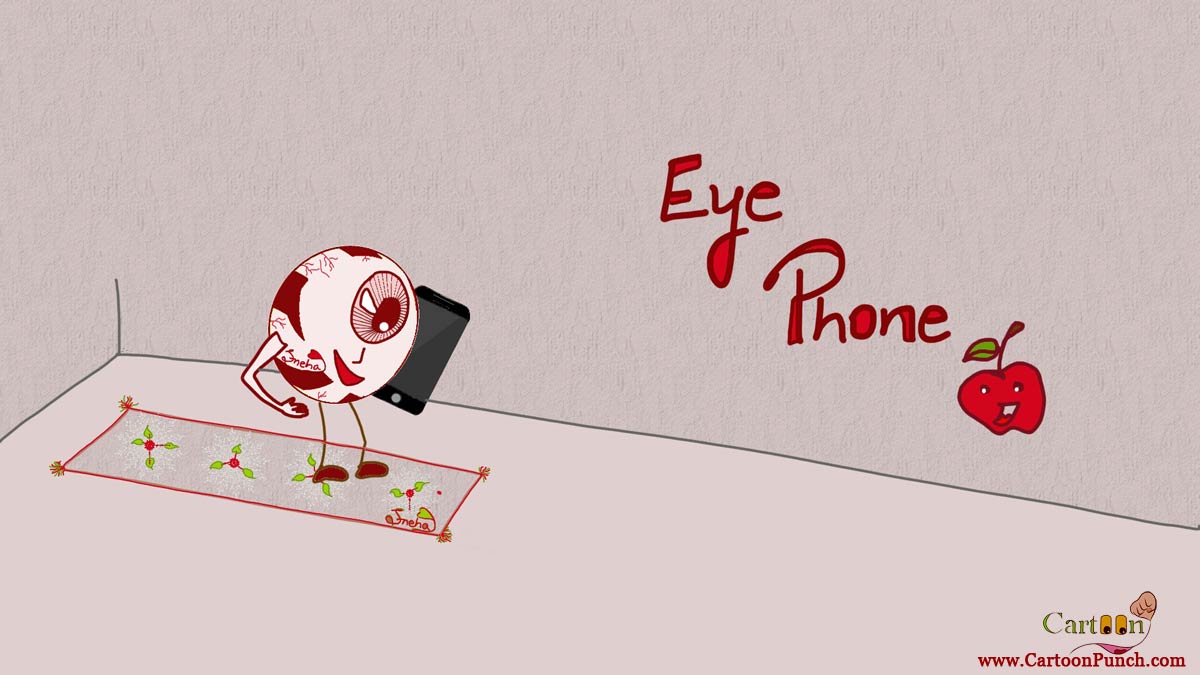 Standing on a carpet in room, eye phone on apple iphone cartoons illustration by Sneha