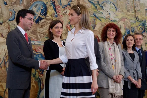 Princess Letizia of Spain attended several audiences at the Zarzuela Palace in Madrid. Style of Princess Letizia