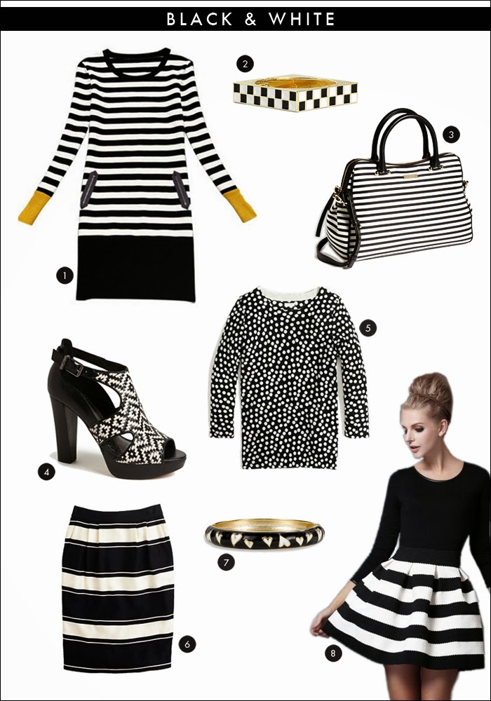black and white trend, black and white skirt, striped dress, polka dot sweater, black and white accessories, kate spade, nordstrom, j crew, fashion, style