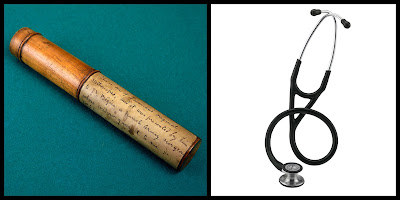 Left: Laennec's original stethoscope © Science Museum, London Right: A modern Littmann stethoscope © Medisave UK Ltd