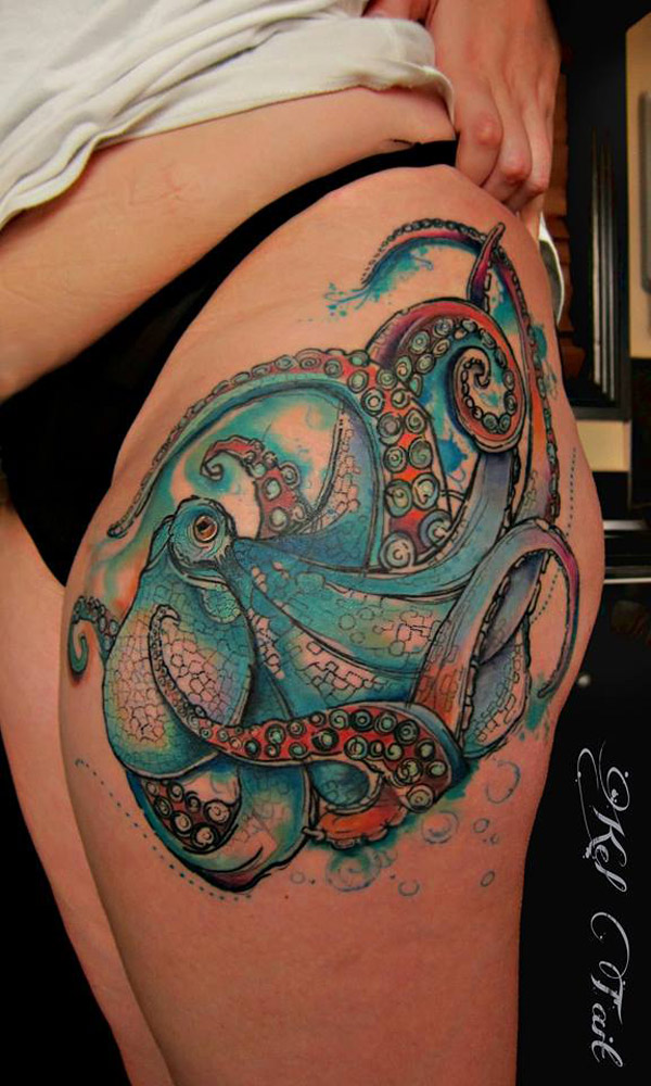 Watercolor Octopus Tattoo Designs On Thigh