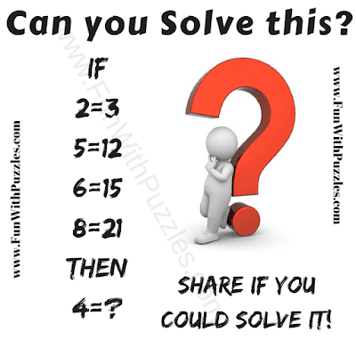 If 2=3, 5=12, 6=15, 8=21 Then 4=?.  Can you solve this Maths Logical Puzzle Question?