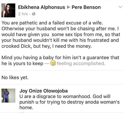 Dafuq? Benin runs girl blasts wife of her sugar daddy, boasts about her sex skills on Facebook Dafuq? Benin runs girl blasts wife of her sugar daddy, boasts about her sex skills on Facebook