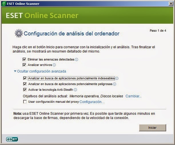 Configuración ESET Online Escáner
