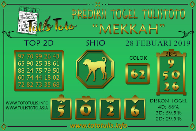 Prediksi Togel MEKKAH TULISTOTO 28 FEBRUARI 2019