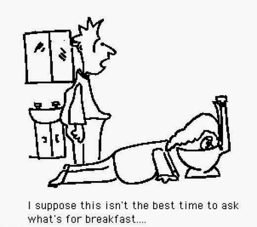 Vignetta con donna con nausea in bagno e marito che le parla