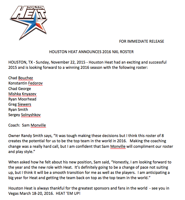 Houston Heat anuncia su roster para la temporada 2016 Portal