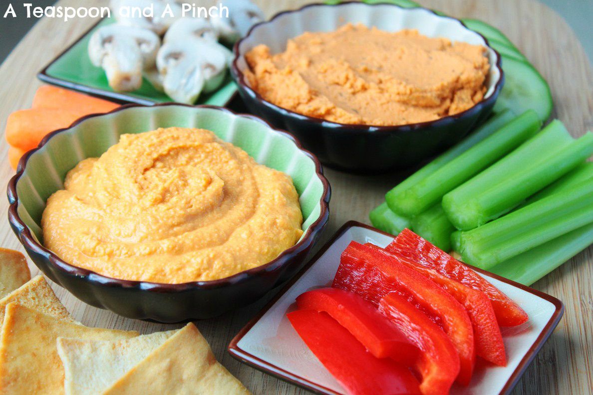 A Teaspoon and A Pinch Healthy Super Bowl Hot Wing Hummus and Pizza Hummus