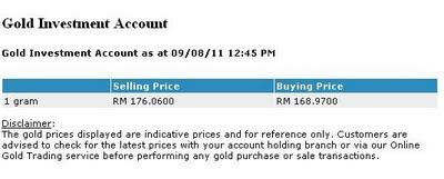 Print screen of Public Bank Gold Investment Account selling price