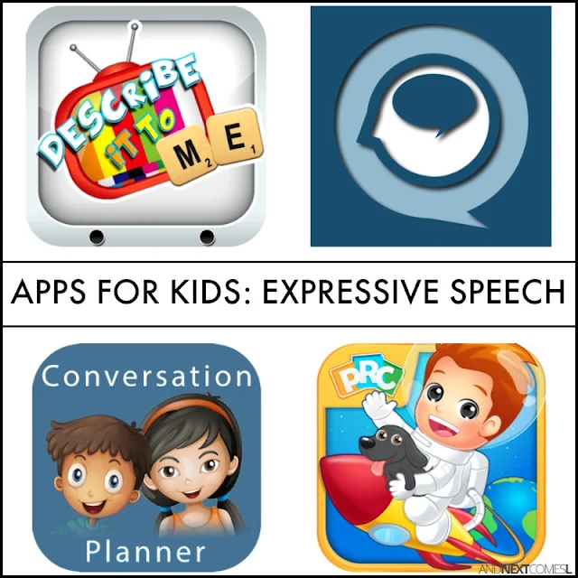 Speech apps for kids with autism or hyperlexia to work on expressive language and conversation skills from And Next Comes L