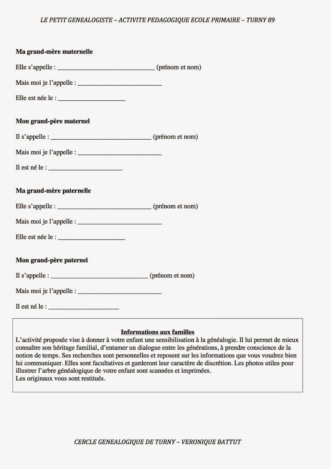 Histoires de Familles Atelier scolaire Ecole primaire "le