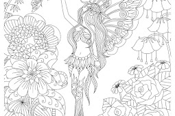 Hand gezeichnetes feenhaftes Fliegen im Blumenland für Malbuch