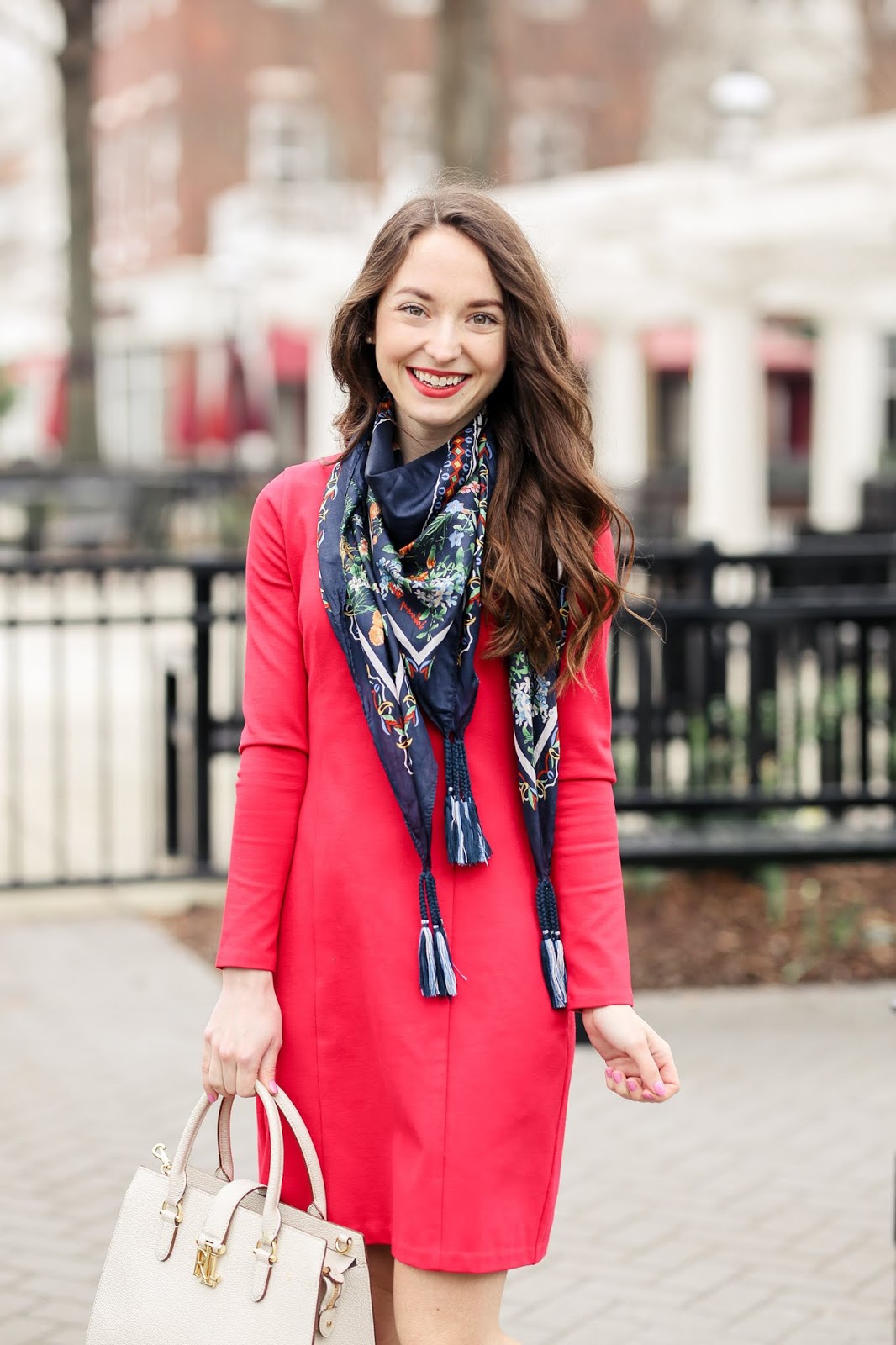 Red Dress and Tassel Scarf | Caralina Style