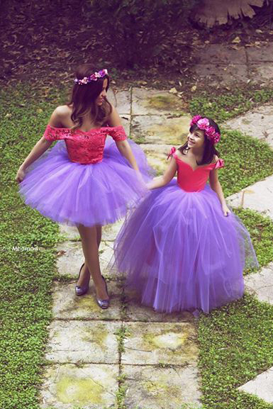 Newest Off-the-shoulder Tulle Mother And Daughter Dress With Lace