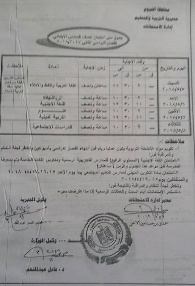 جداول امتحانات محافظة الفيوم الترم الثاني 2018 0%2B%252813%2529