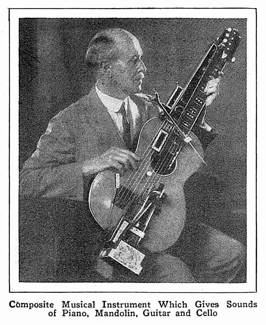 1931 Composite Musical Instrument a photograph of an odd 1931 musical instrument, Composite musical instrument which gives sounds of piano, mandolin, guitar and cello"