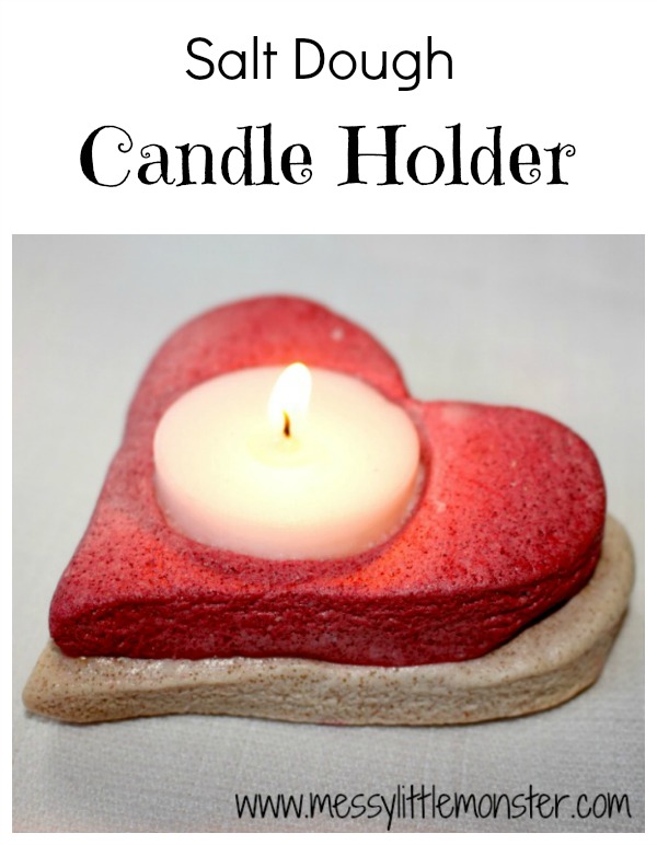 Salt dough candle holder craft. An easy heart craft for kids using a coloured salt dough recipe. Great DIY gift idea to be made by preschoolers upwards.