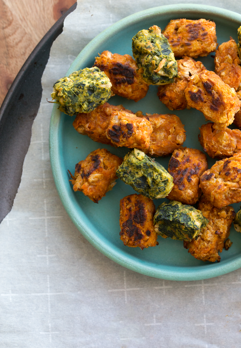 Easy Baked Tater Tots, with Beans! Sweet Potato and Cheezy Spinach