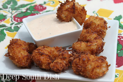 Fresh, extra large shrimp, coated in flour, dipped in an egg wash, then rolled in coconut and fried.