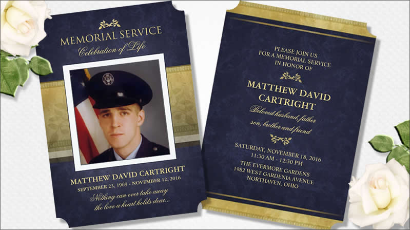 custom memorial service invitation navy blue & gold elegant design by Julie Alvarez Designs