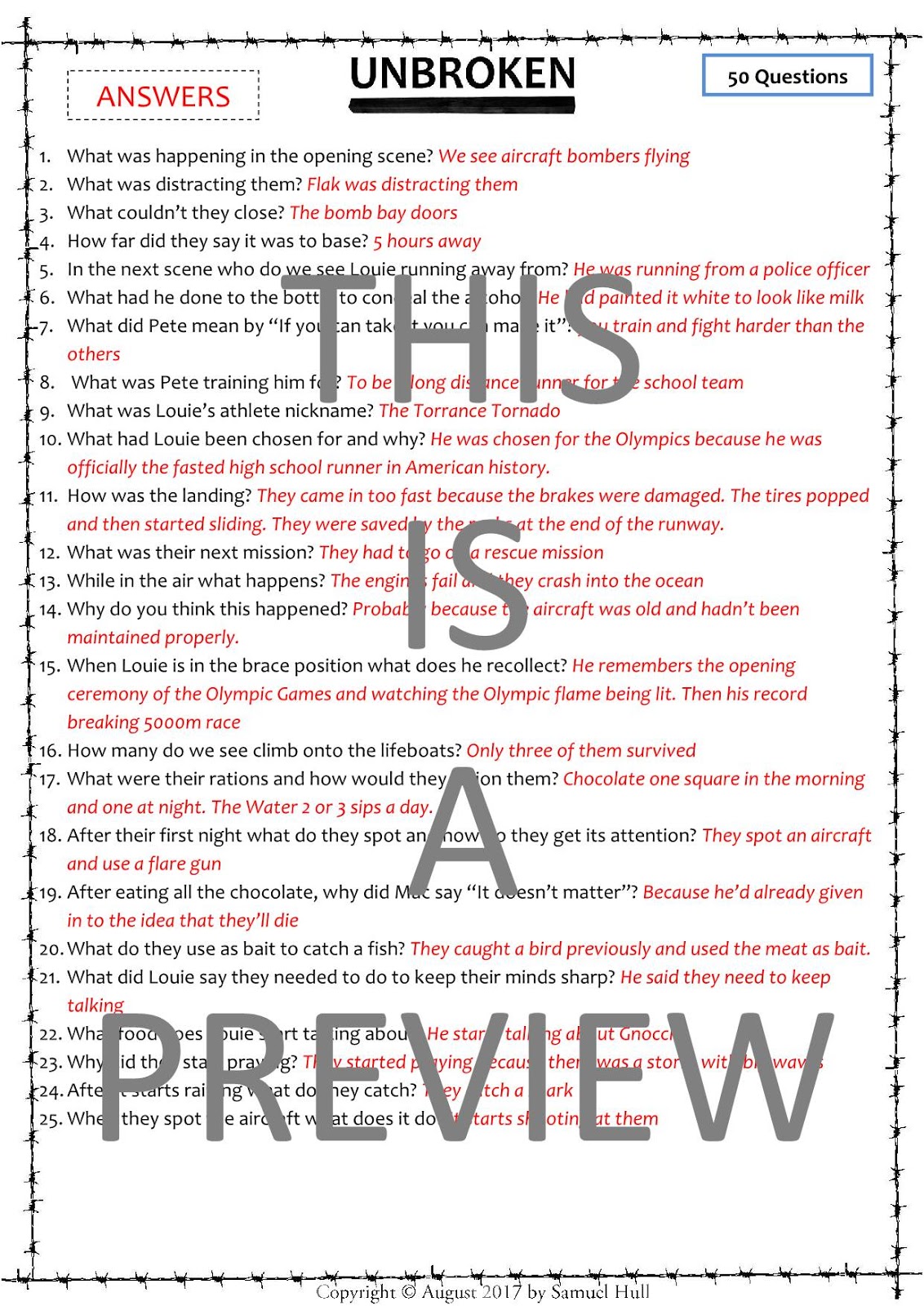 Unbroken (2014) Movie Questions + Activities Answer Keys Included