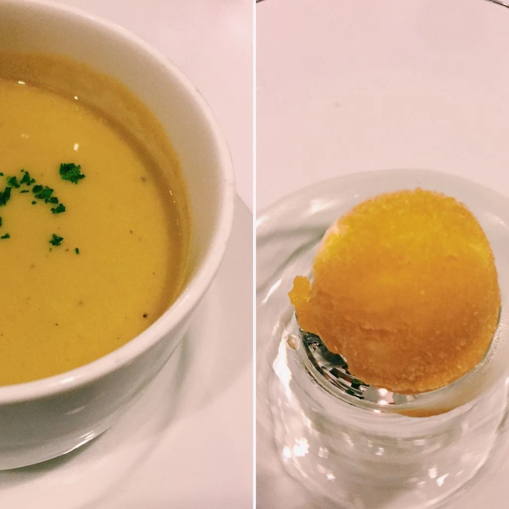 Cream of broccoli and asparagus soup and mango sorbet at Top of the Citi by Chef Jessie