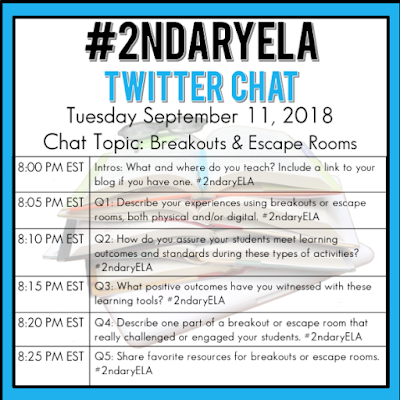 Join secondary English Language Arts teachers Tuesday evenings at 8 pm EST on Twitter. This week's chat will be about breakouts and escape rooms.