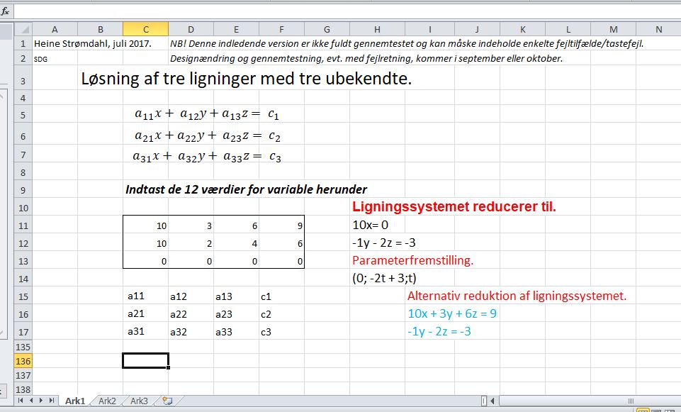 Excel - Tre ligninger med tre ubekendte 