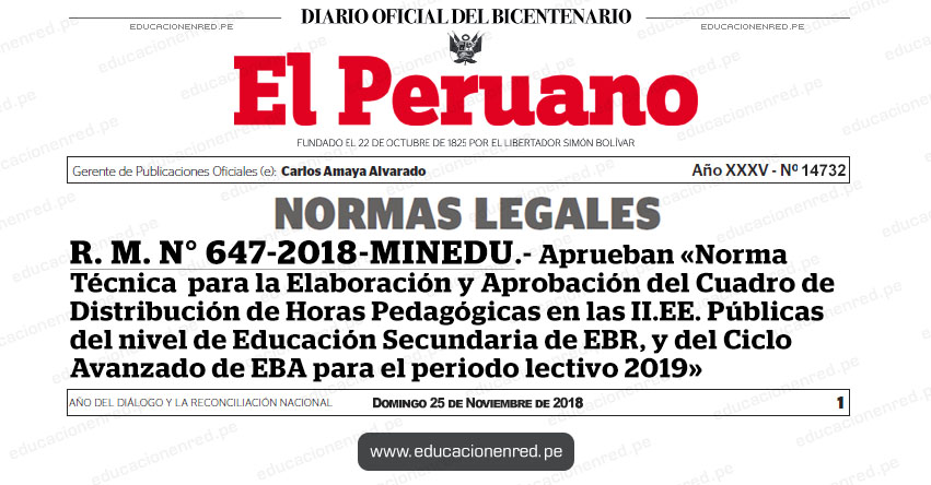 R. M. N° 647-2018-MINEDU - Aprueban la Norma Técnica «Normas para la Elaboración y Aprobación del Cuadro de Distribución de Horas Pedagógicas en las Instituciones Educativas Públicas del nivel de Educación Secundaria de Educación Básica Regular, y del Ciclo Avanzado de Educación Básica Alternativa para el periodo lectivo 2019» www.minedu.gob.pe R. M. N° 647-2018-MINEDU - Aprueban la Norma Técnica «Normas para la Elaboración y Aprobación del Cuadro de Distribución de Horas Pedagógicas en las Instituciones Educativas Públicas del nivel de Educación Secundaria de Educación Básica Regular, y del Ciclo Avanzado de Educación Básica Alternativa para el periodo lectivo 2019» www.minedu.gob.pe