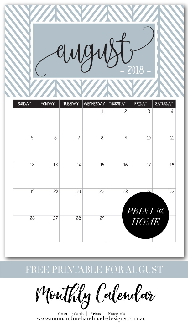 Free A4 Printable - Steel Blue August Monthly Calendar to print from home or the office.