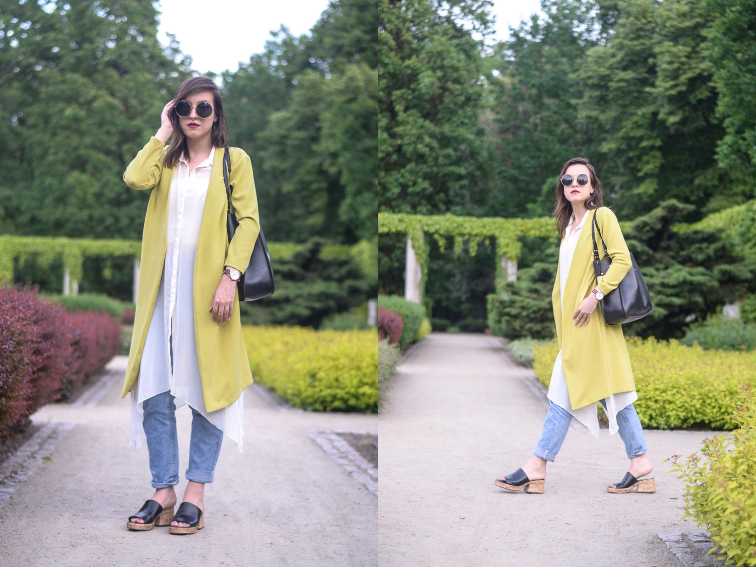 żółty płaszcz blog stylizacja mom jeans korek sandały