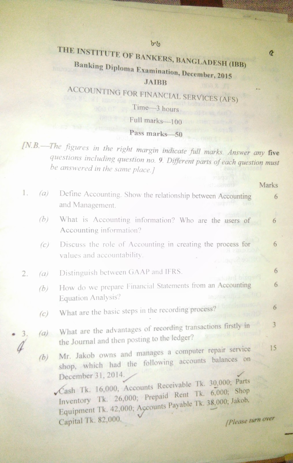 JAIBB Accounting Question December 2015 IBB Banking Diploma Examination