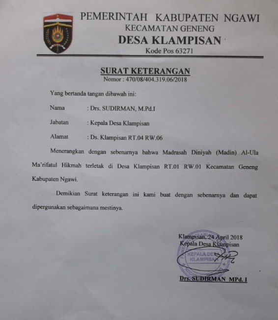 Ypippalhikmah Toha Surat Keterangan Domisili Madrasah Diniyah Madin Al Ula Ma Rifatul Hikmah Raudhotul Athfal Ra Ma Rifatul Hikmah Klampisan 02 05 2018