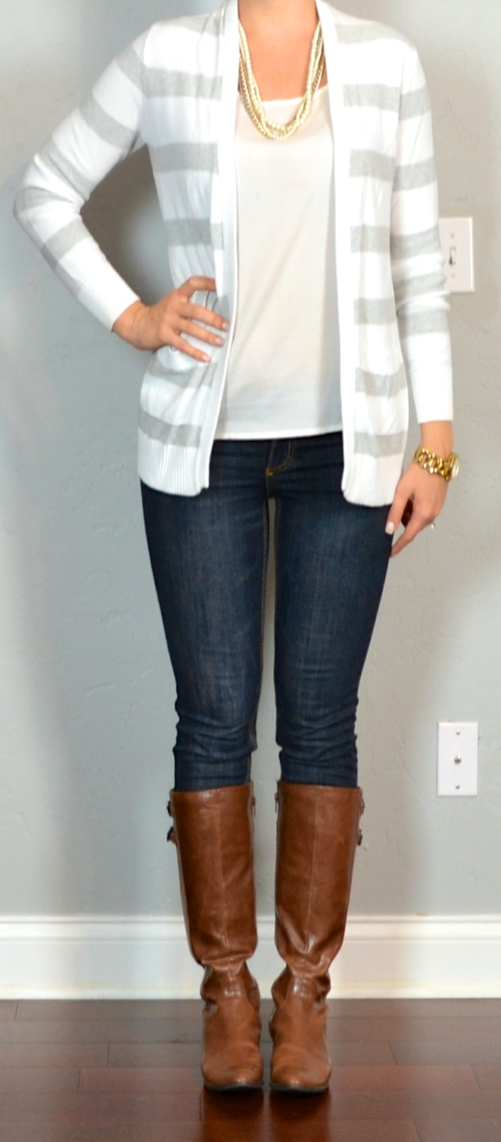 outfit post: grey striped sweater, skinny jeans, riding boots | Outfit ...