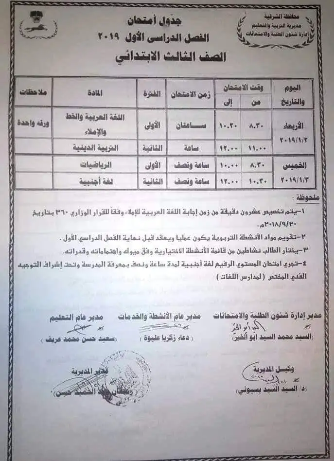 جدول امتحانات الصف الثالث الابتدائي 2023 محافظة الشرقية
