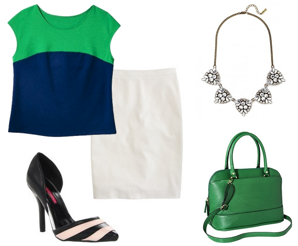Green Satchel, Greet Target Stachel, Kelly Green handbags, Zara Pencil Skirt, Striped Pumps