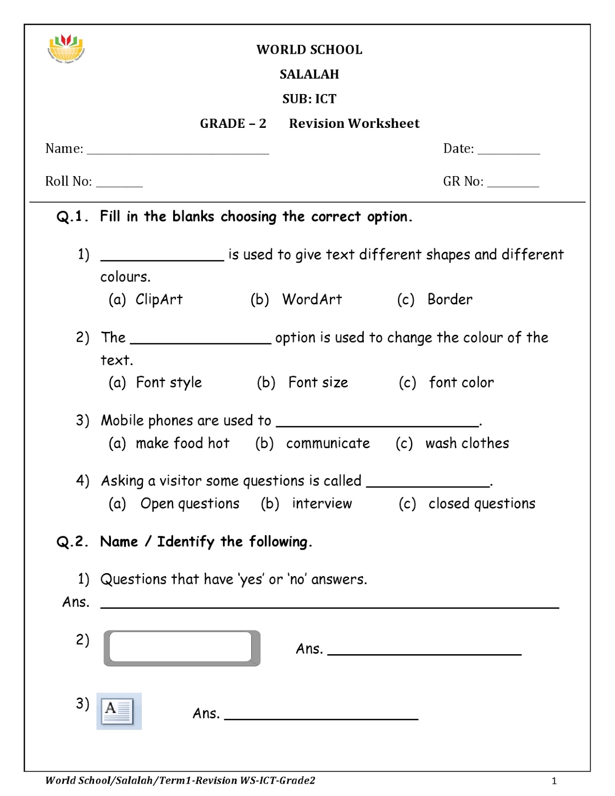 Birla World School Oman: Homework for Grade 2 as on 10/12/2017