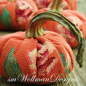 the original heirloom needlepoint pumpkins,  women supporting women, boho style, decorating, fall, farmhouse style, original designs, pumpkins, re-purposing, resources, Romantic Homes Magazine, rustic style, Thanksgiving, up-cycling, vintage, needlepoint