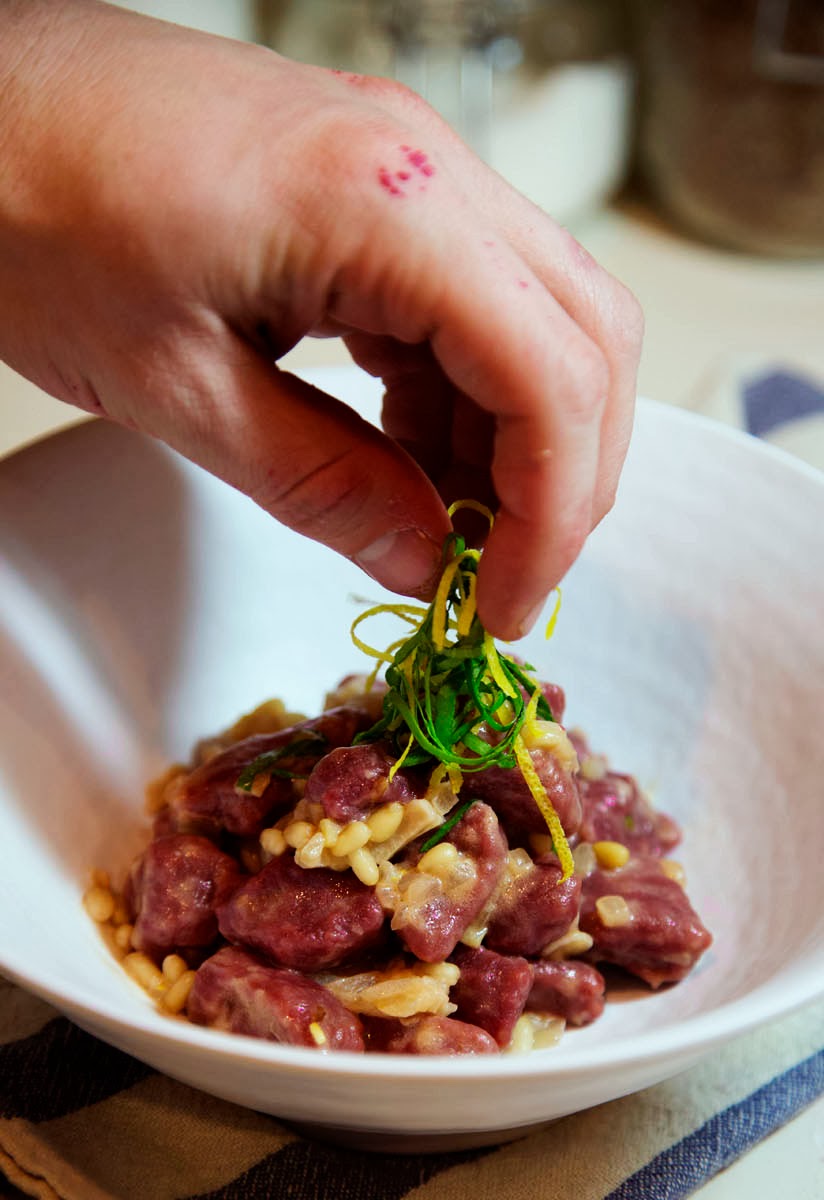 Undercooked Beet Gnocchi with Almond Milk "Cream" Sauce