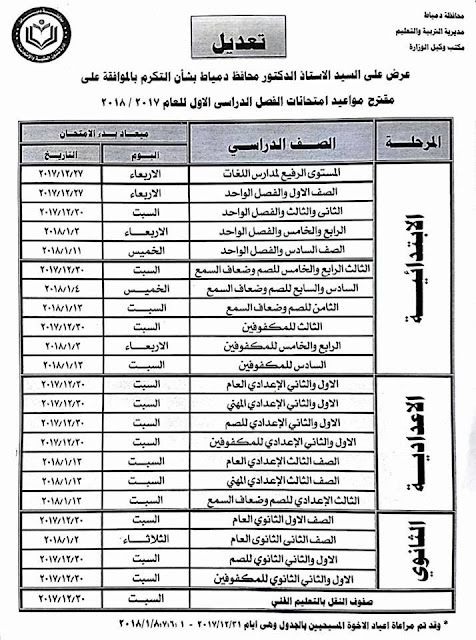 جدول امتحانات دمياط 2018 نصف العام جدول امتحانات دمياط 2018 نصف العام