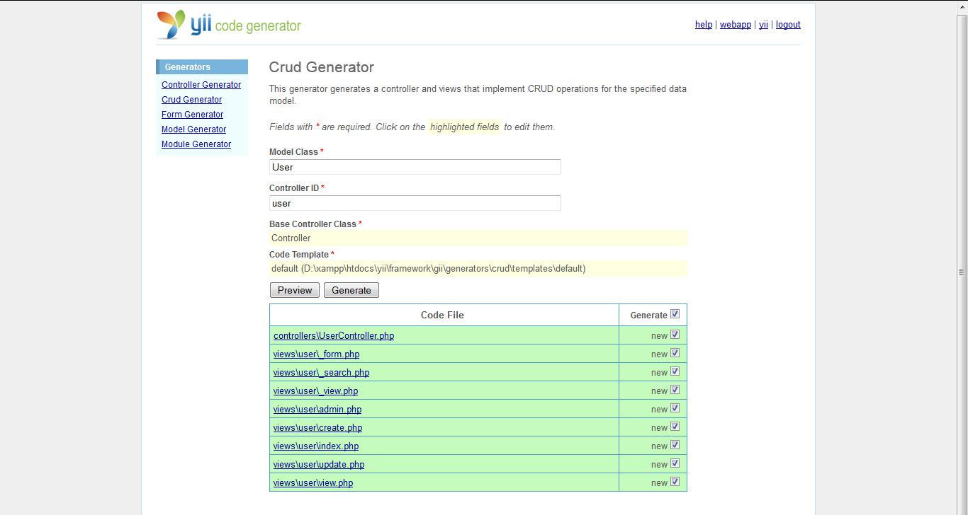 Php form Generator. Yii2 CRUD. Программа реквест как в ней. User views php id