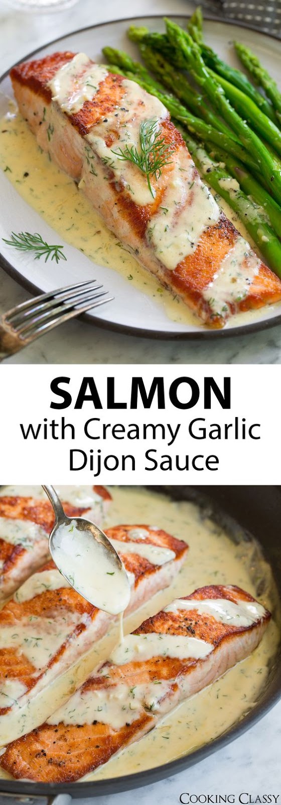 Salmon with Creamy Garlic Dijon Sauce - This is such a flavorful, elegant salmon recipe that anyone can pull of. It's comes together so quickly yet it's sure to impress anyone. Pan seared salmon is perfectly delicious on it's own but when you add a bright sauce like this it takes it to a whole new level! #salmon #recipe #pansearedsalmon #easydinner via @cookingclassy