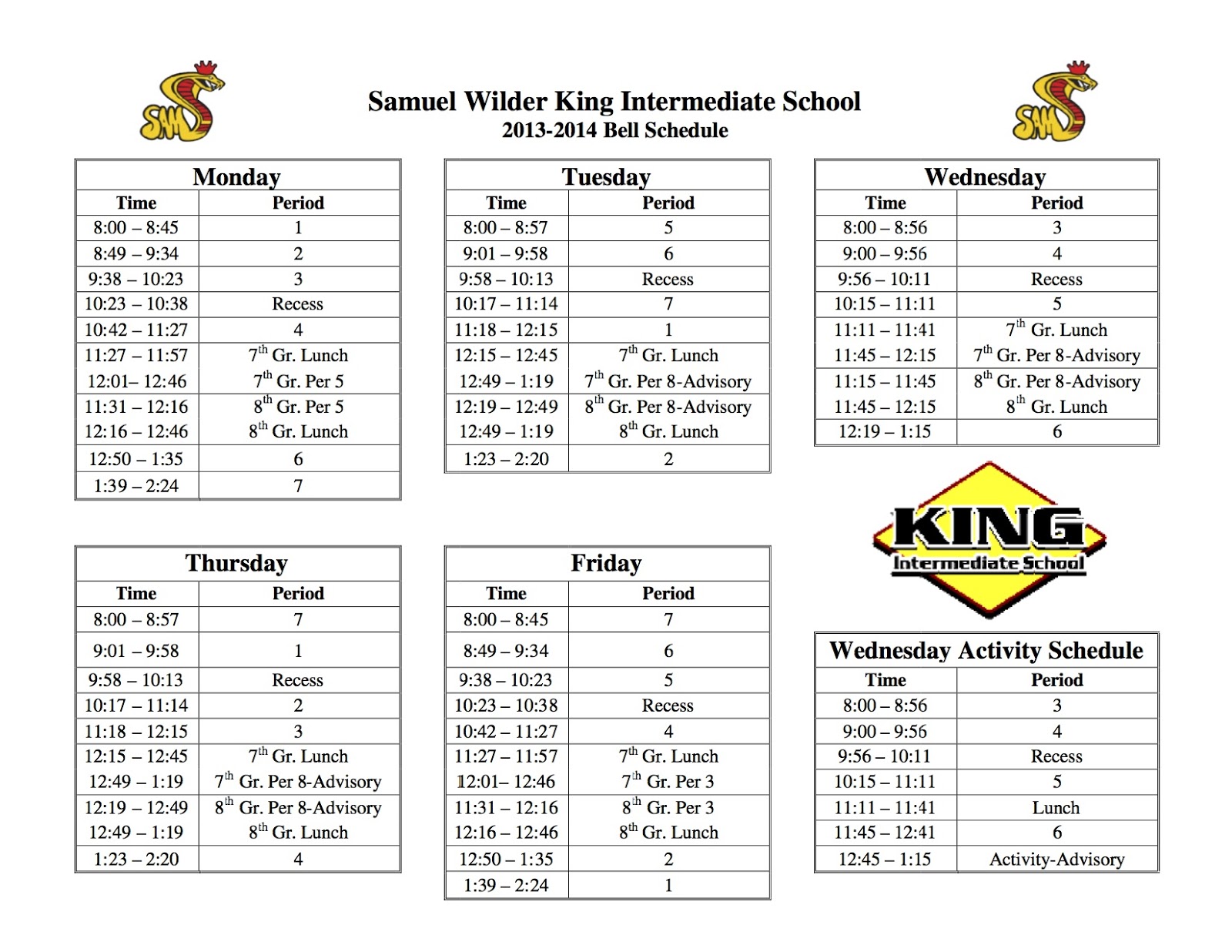 King Connections 201617 Revised Bell Schedule Adjustment to ending time on Mon/Fri only