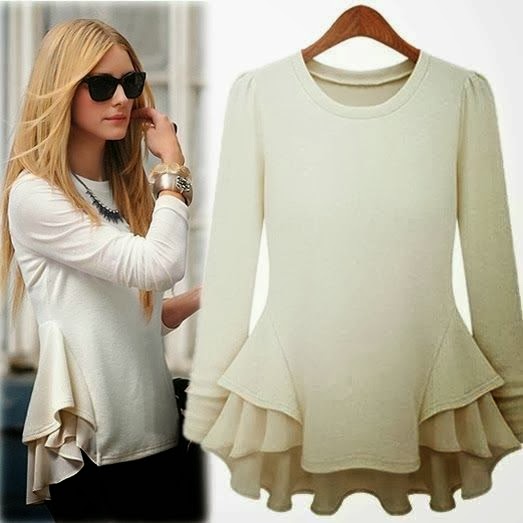 Adorable and Long Sleeve Contrast Chiffon Ruffles T-Shirt for Stylish ...